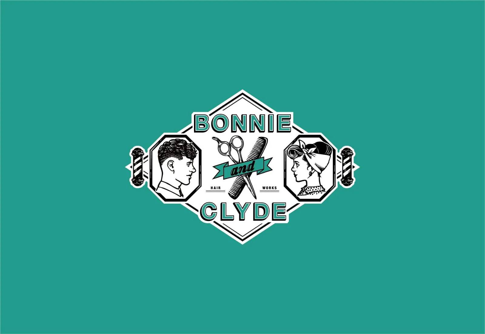 緑の地に置いた、BONNIE and CLYDEのロゴ。男女の横顔、はさみとくし、サインポールを組み合わせたエンブレム